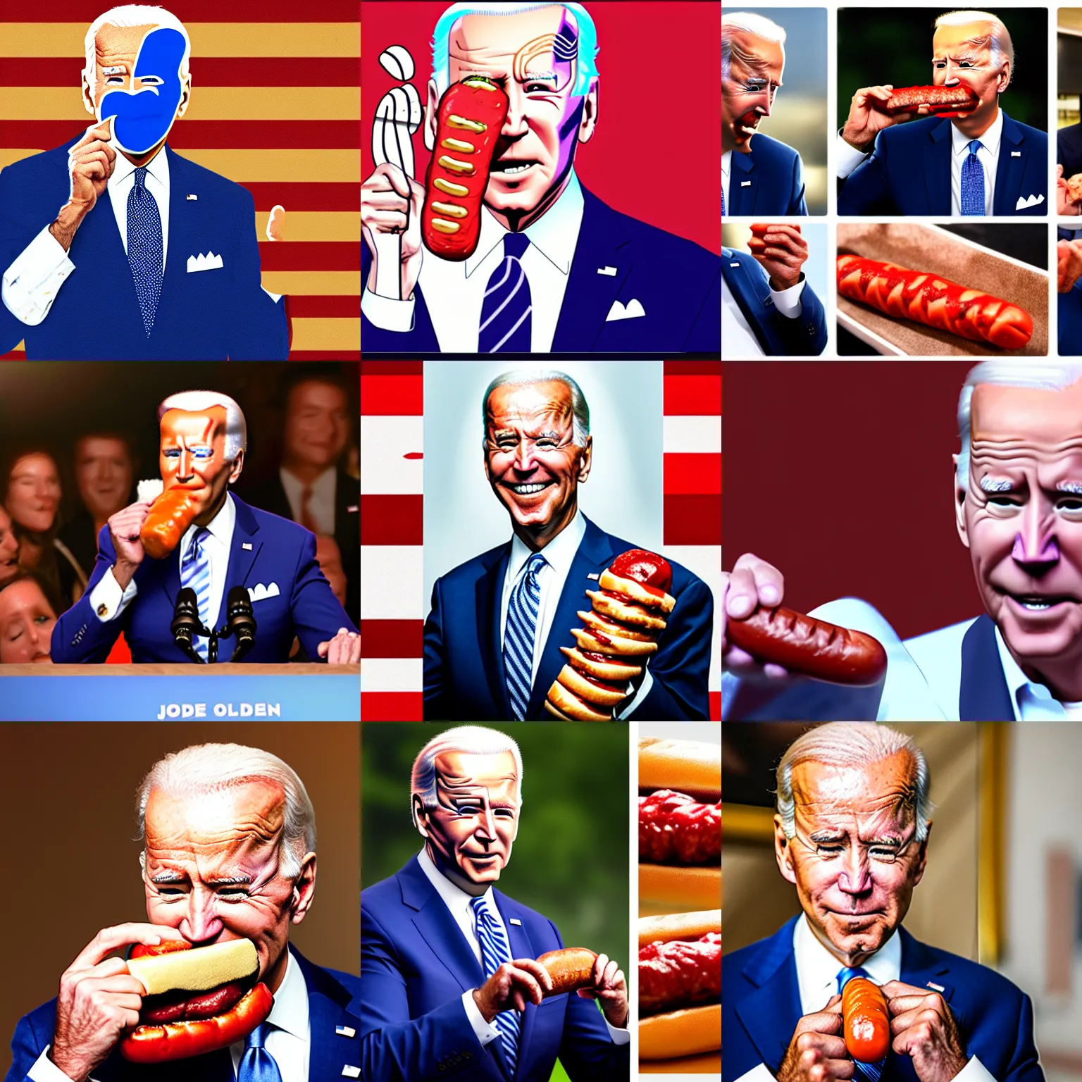 Prompt: joe biden rubbing a hotdog against his face, realistic, 8 k, incredible lighting, award winning.