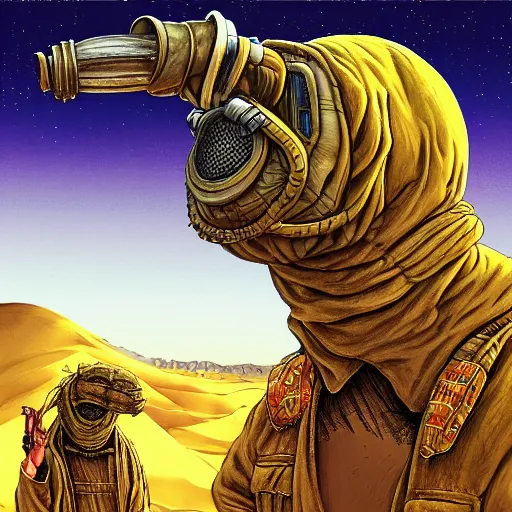 Image similar to several stoner merchants in robes with integrated bong gas mask appliances, trucking bales of herbs across an alien desert with camel-like creatures in tow. Album art by Arik Roper