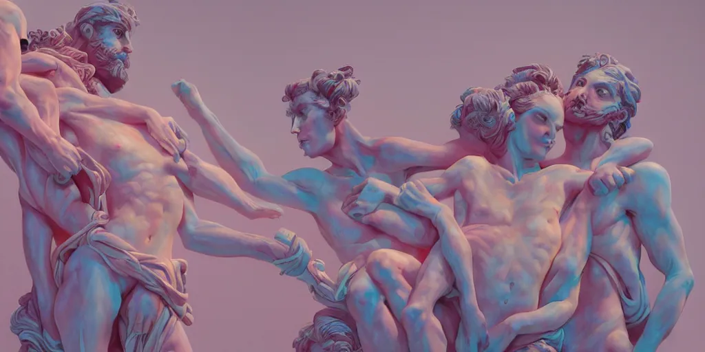 Prompt: greek sculpture of intertwined bodies painted in pastel colors. artwork by James Jean and Tooth Wu and wlop and beeple and dan mumford and greg rutkowski and nekroxiii. octane render, cinematic, hyper realism, octane render, 8k, depth of field, bokeh. iridescent accents. vibrant.