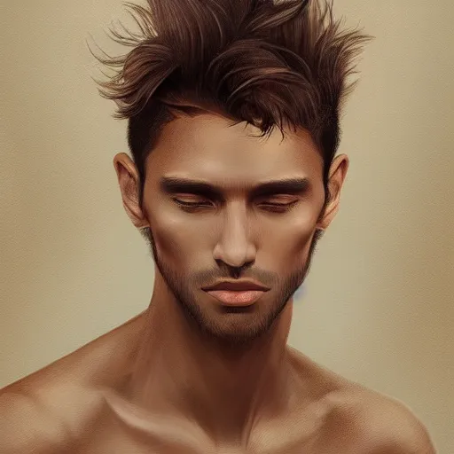 Prompt: ethereal portrait of beautiful man with tan skin and short dark hair, trending on artstation
