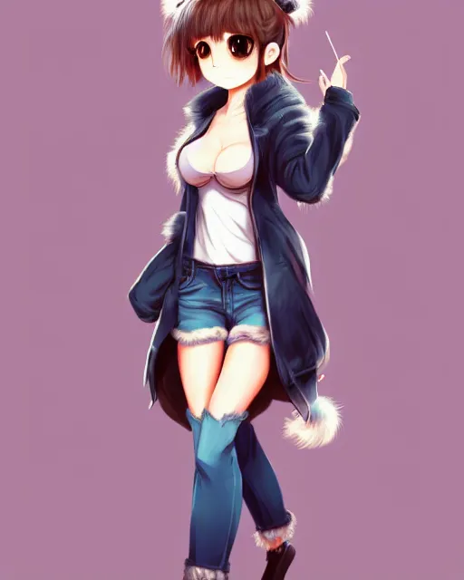 Image similar to fullbody portrait of anthropomorphic half - tiger fluffy cute anime woman in jeans coat, concept art, anime art, by a - 1 picture, trending on artstation artgerm, ross tran, wlop, marc davis