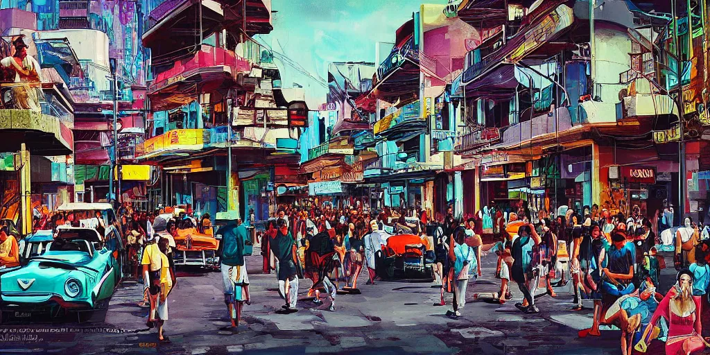 Prompt: Cyberpunk Cuba street, crowd, classic cars, digital painting