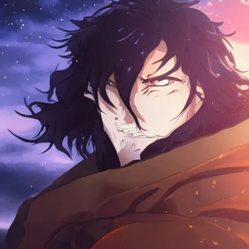 Prompt: handsome guy in demon slayer art, night, stars, wonderful, anime style, 4k , detailed, detailed face, high quality, smooth, sharp focus, beautiful scene, black border