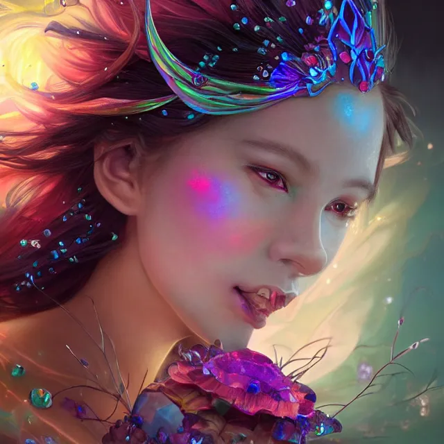 Prompt: detailed portrait of beautiful happy fantasy fairy made of iridescent smoke, dark fantasy, sharp focus, vibrant, vivid, magical skin, symmetry, highly detailed, 4 k digital painting, detailed skin, iridescence reflecting, crystal particles, magical, raytracing, plasma, artistic, concept art by artgerm, greg rutkowski, alphonse mucha, unreal engine render,