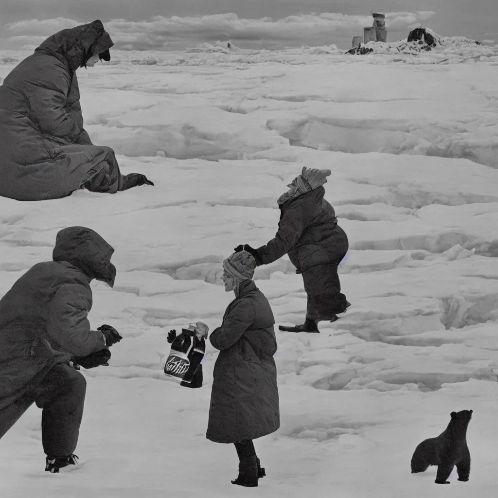 Image similar to a single woman wearing a parka drinking a bottle of coke in front of an icy polar landscape full of snowdrifts and ice, polar bear in the far background, coka-cola advertisement, retro ad, print advertising, 1960's