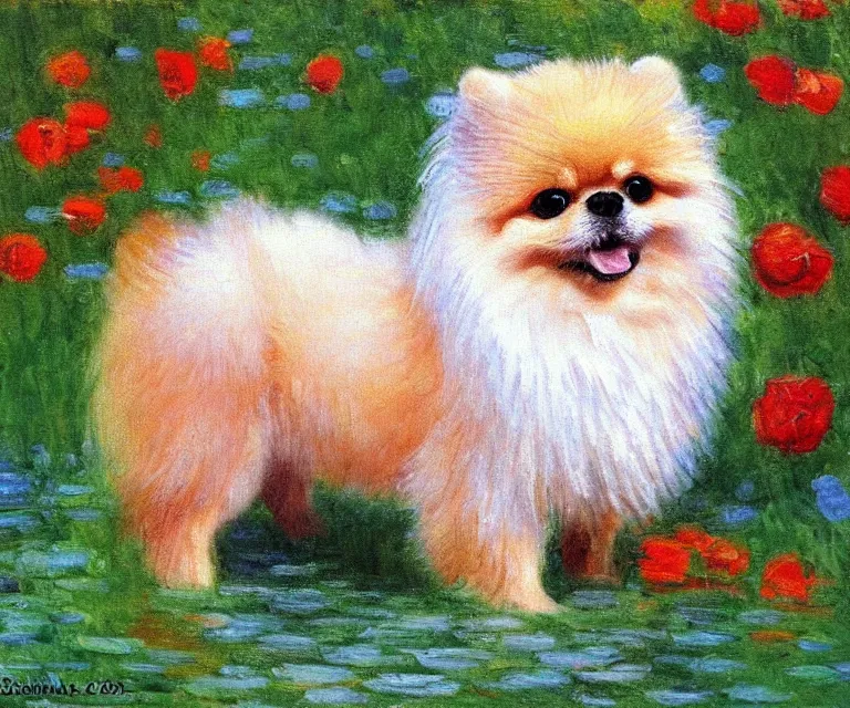 Image similar to pomeranian, cute, monet, oil painting