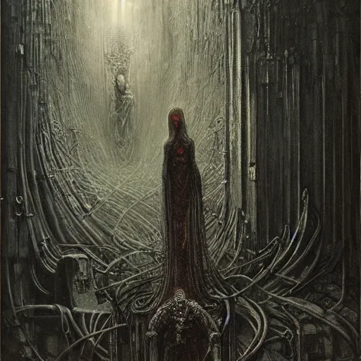 Image similar to cyberpunk dreaming by gustave dore and gustave moreau and beksinski and giger