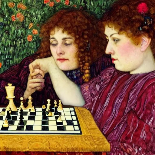 Image similar to two young edwardian women playing chess, in the style of Gustav Klimt