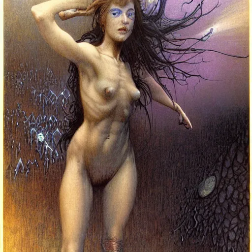 Image similar to cute young vampire tomboy girl with short short short dark hairs on lovecraftian planet by jean delville by luis royo and wayne barlowe, beksinski