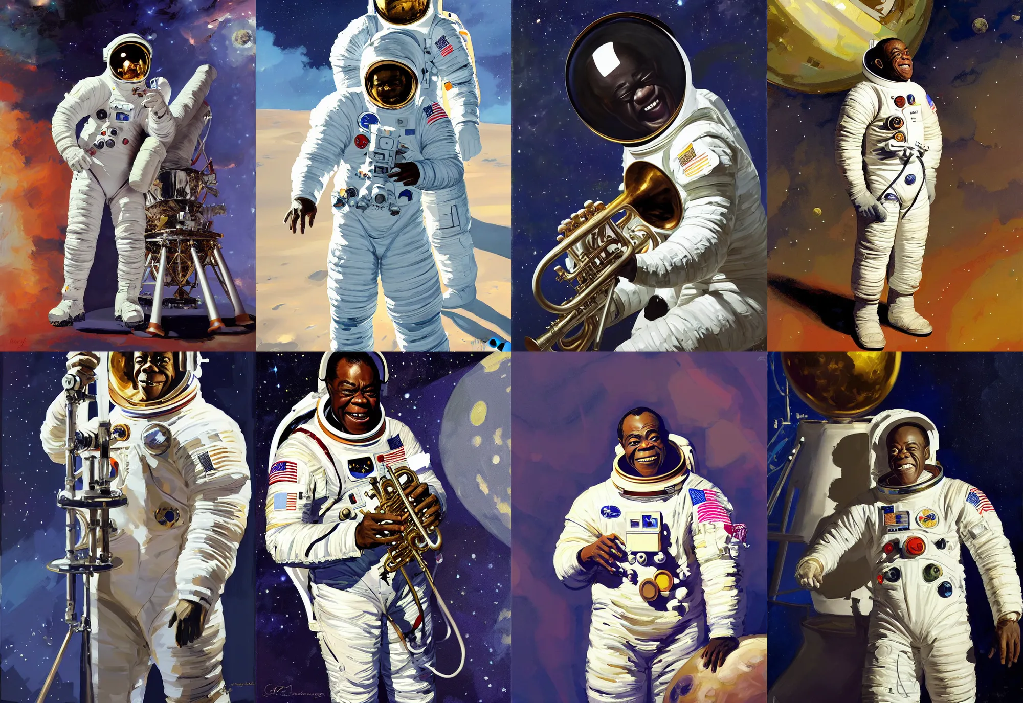 Image similar to a portrait of louis armstrong wearing a space suit on the moon, ( ( ( trumpet ) ) ), by greg manchess and john singer sargent and jonathan yeo, dramatic lighting, highly detailed digital painting