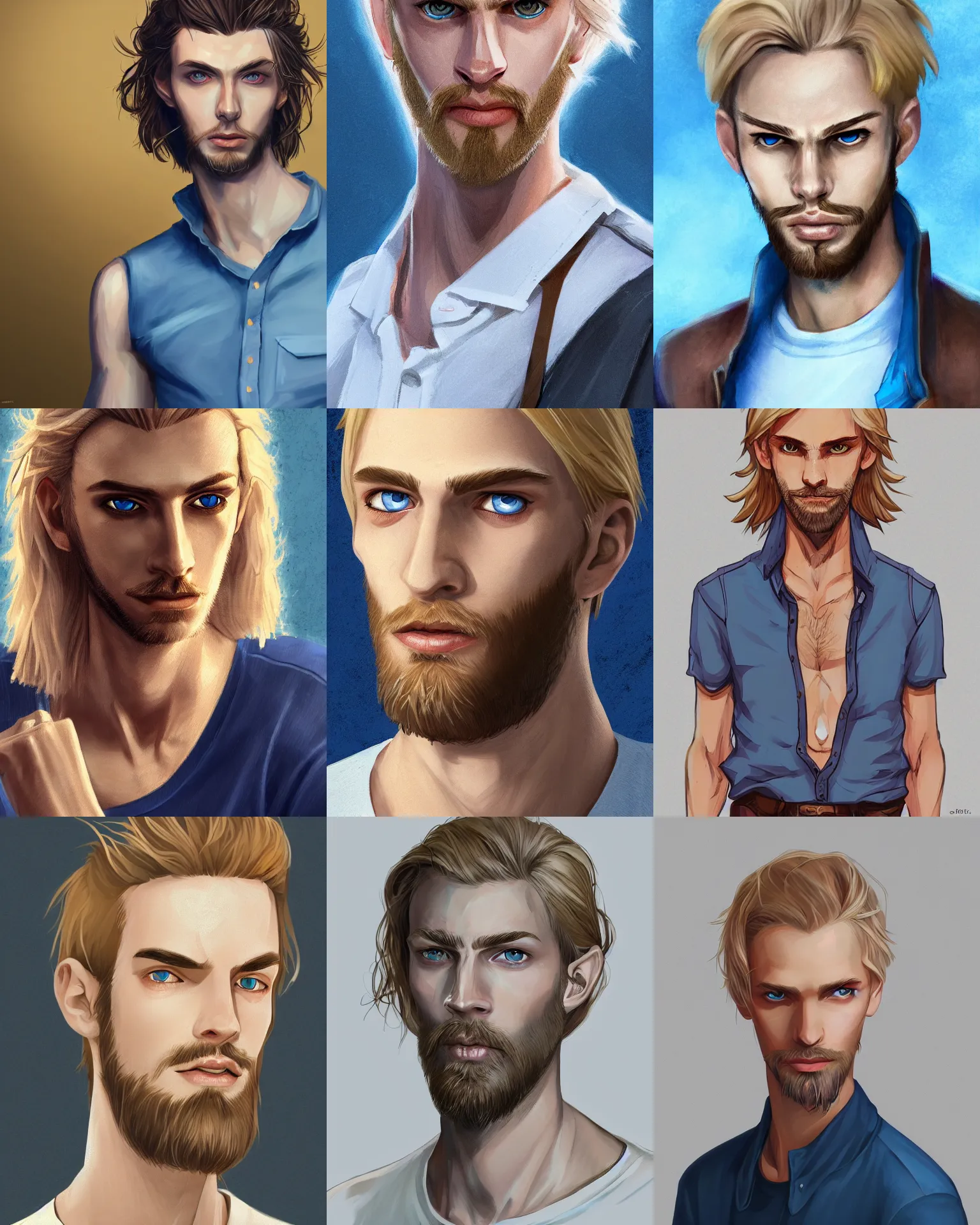 Prompt: portrait of a skinny european male, longer blond hair, light blond stubble beard, wearing a light shirt, blue eyes, rugged, teenage, fantasy, wizard, trending artstation, relaxed expression, dark lighting, high detail, disco elysium art