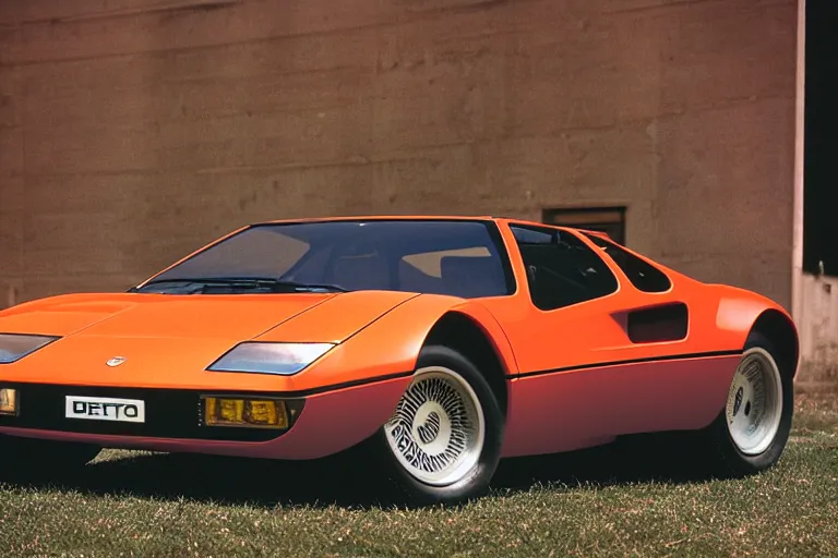 Image similar to designed by giorgetto giugiaro stylized poser of a single 1 9 7 3 miura citroen dm bmw m 1 ( ( mclaren f 1 ) ) delorean thick neon lights ektachrome photograph volumetric lighting f 8 aperture cinematic eastman 5 3 8 4 film