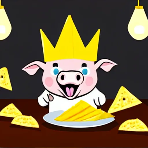 Prompt: realistic photo of a cute puppet pig wearing a gold crown eating cheese wedges at a table with a bib on, high quality, cinematic concept art