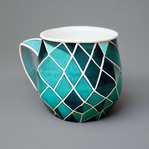 Prompt: avant - garde geometric ceramic mug with bright iridescent glaze