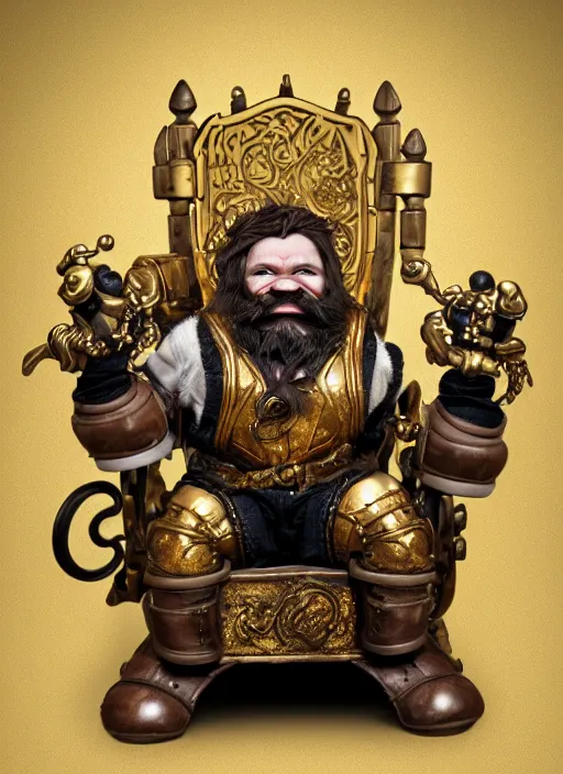 Image similar to dwarf fighter sitting in mechanical spider chair, gold, exquisite details, black beard, white background, by studio muti
