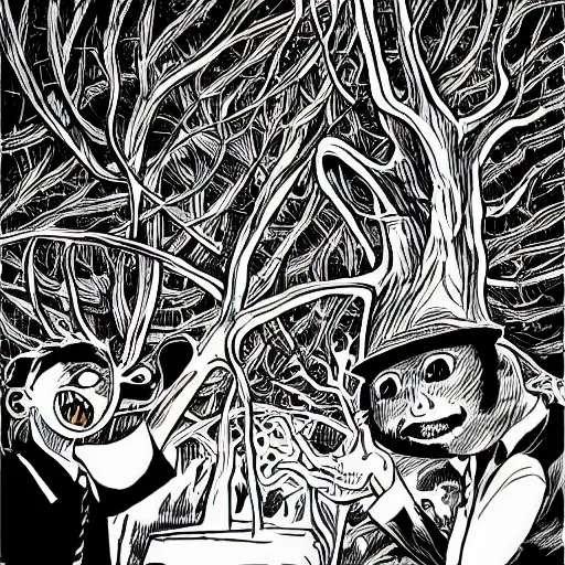 Image similar to black and white trippy comic art of a guy selling trees, lots of leaves, drawn by Martin Rowson, Tim Burton, Studio Ghibli, Alex Pardee, Nekro Petros Afshar, James McDermott, cgsociety 4K