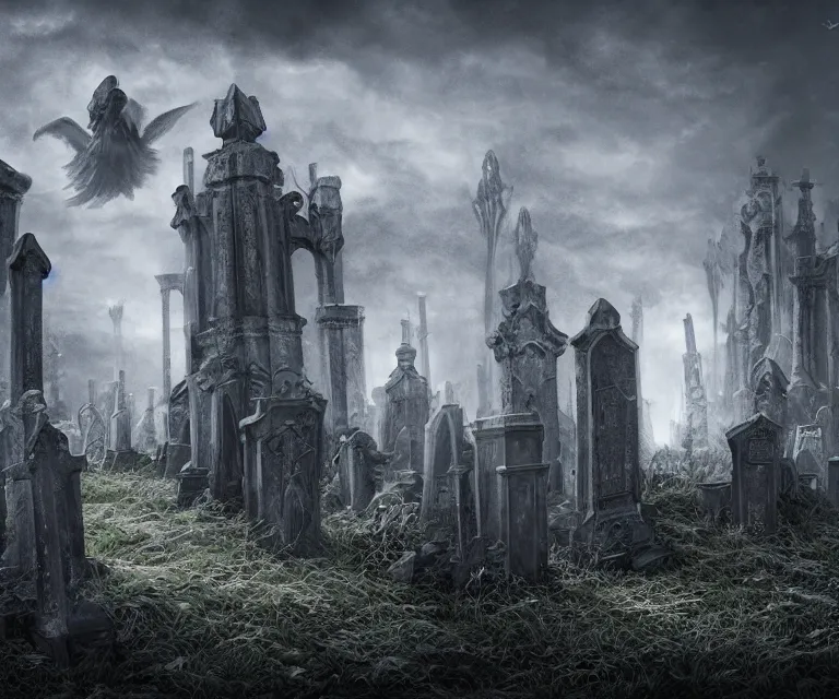 Image similar to a city of tombs and tombstones, graveyard landscape, ghostly spirits, giant grave structures, giant tomb structures, dark fantasy, digital art, fantasy art