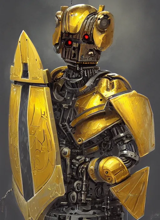 Image similar to dynamic portrait of a intricate glorious holy mechanical warforged pit droid character in yellow armor holding a paladin engraved great longsword and carrying a big shield, epic , trending on ArtStation, cinematic lighting, by Jesper Ejsing