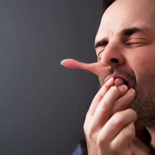Image similar to a man inserts his finger in a nostril,