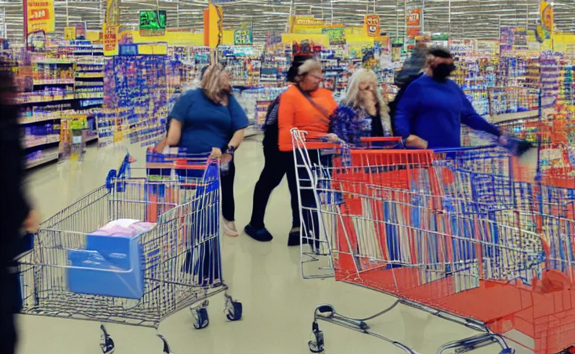 Prompt: blursed and glitched people shopping at walmart