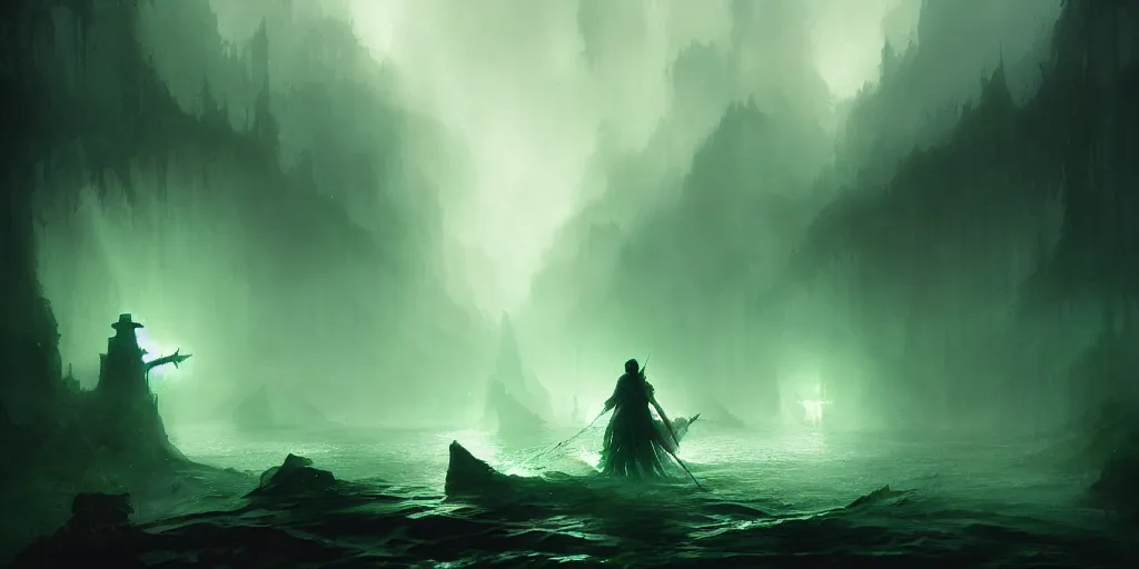 Prompt: magical subterranean river styx, a man in a cape on a boat with a sword, ethereal swirling green mist, dramatic lighting, magical atmosphere,, gothic illustration, greg rutkowski, andreas rocha, ashley wood, soft edges, low detail, trending on artstation