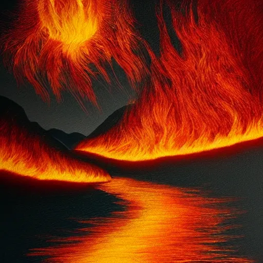 Image similar to a river runs here, a fiery river, from east to west, from west to north. over that river the fiery river drives the light. light transports souls. award - winning, very trending, esoteric art, 2 k, 4 k, pen and pencil