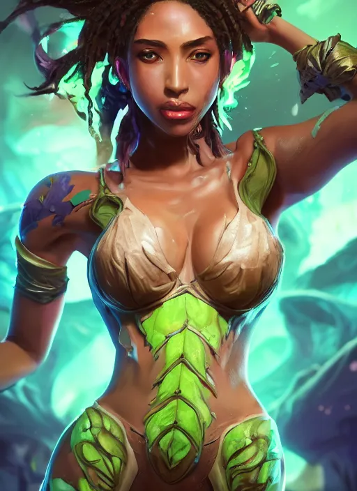 Image similar to senna from league of legends, au naturel, hyper detailed, brown skin, glowing green neon eyes, digital art, trending in artstation, cinematic lighting, studio quality, smooth render, unreal engine 5 rendered, octane rendered, art style by klimt and nixeu and ian sprigger and wlop and krenz cushart