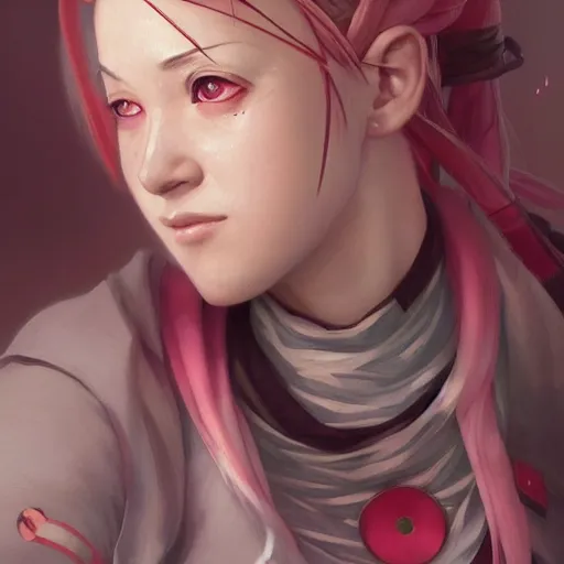 Image similar to Sakura Haruno as a jounin, highly detailed, digital painting, artstation, concept art, sharp focus, illustration, cinematic lighting, art by artgerm and greg rutkowski and alphonse mucha