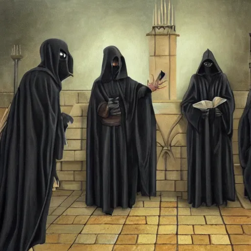 Prompt: cultists in black robes surround a stove, realistic, gothic, black masks, magical, realistic painting, Dungeons and Dragons