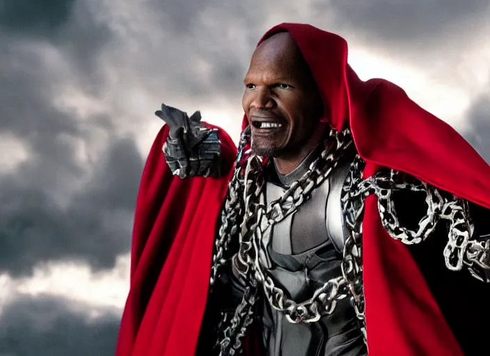 Image similar to film still of jamie foxx as spawn in the new spawn movie, giant chains, large cape, 8 k