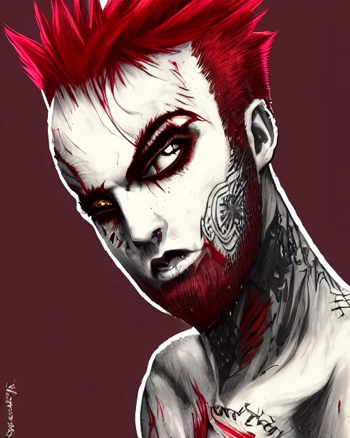 Image similar to young man with a short red dyed mohawk, red eyes and a slim face, dressed in crustpunk clothing, headshot, attractive, handsome, in color, no makeup, model, trending on artstation, high quality art, character design