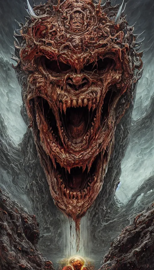 Image similar to Elden Ring and Doom themed painting of screaming majestic demon king, intricate artwork by Artgerm, Johnatan Wayshak, Zdizslaw Beksinski, Darius Zawadzki, H.R. Giger, Takato Yamamoto, masterpiece, very coherent artwork, cinematic, high detail, octane render, unreal engine, 8k, High contrast, golden ratio, trending on cgsociety, ultra high quality model, production quality cinema model