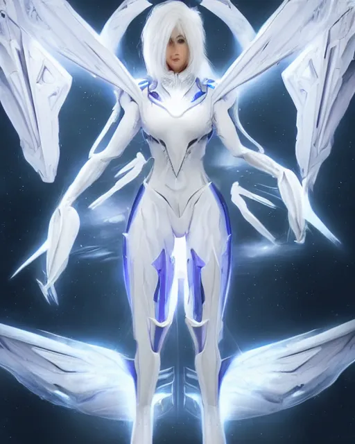 Image similar to perfect white haired attractive alien being with huge white dove wings, warframe armor, beautiful, symmetric, dreamy, half asian, pretty face, blue eyes, detailed, scifi platform, laboratory, experiment, 4 k, ultra realistic, epic lighting, android body, illuminated, cinematic, masterpiece, art by akihito tsukushi, voidstar