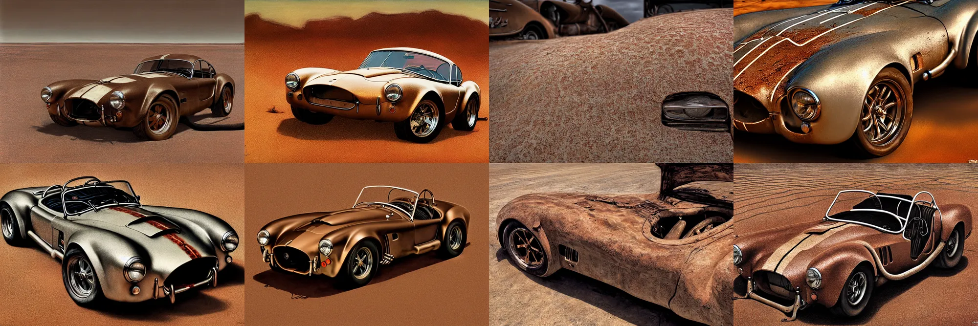 Prompt: closeup of rusty shelby cobra, full car, weathered, desert, cracked dry lake bed, by Zdzislaw Beksinski, Norman Rockwell, al duke, Valter de Morais, highly detailed, soft lighting, film grain, hdr, 8k resolution, hd, oil on canvas