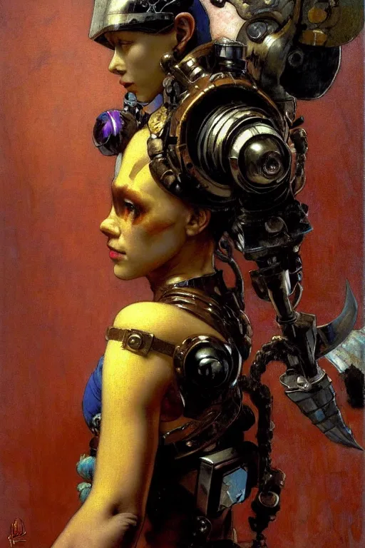 Image similar to full character portrait max mad cyberpunk warhammer 4 0 k, tech priest not the girl with the pearl earring character design, painting by gaston bussiere, katsuya terada, wyeth, craig mullins, hiroshi yoshida, ( ( ( ( ( vermeer ) ) ) ) ), frank frazetta, mucha, tom of finland, trending on artstation