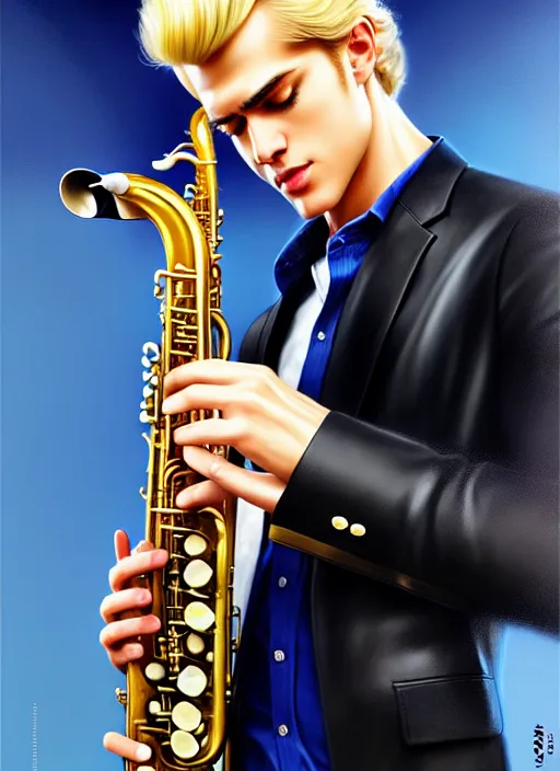 Image similar to photo of a gorgeous young blond man playing sax in the style of stefan kostic, realistic, sharp focus, 8k high definition, insanely detailed, intricate, elegant, art by stanley lau and artgerm