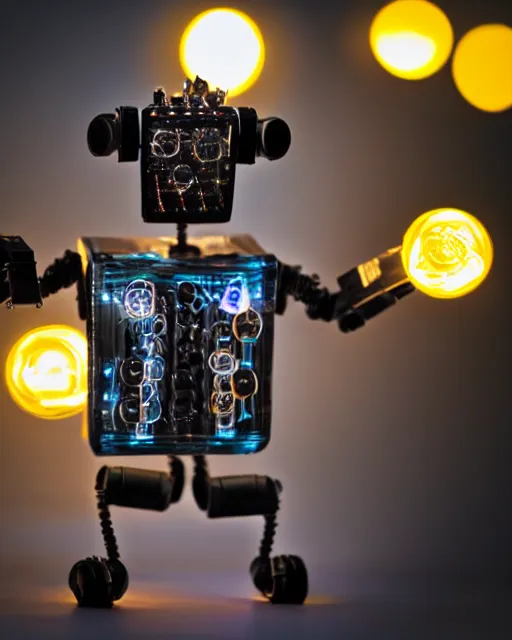 Image similar to close up portrait photo of mini robot made of spare electric parts and glowing nixie minimal liminal design