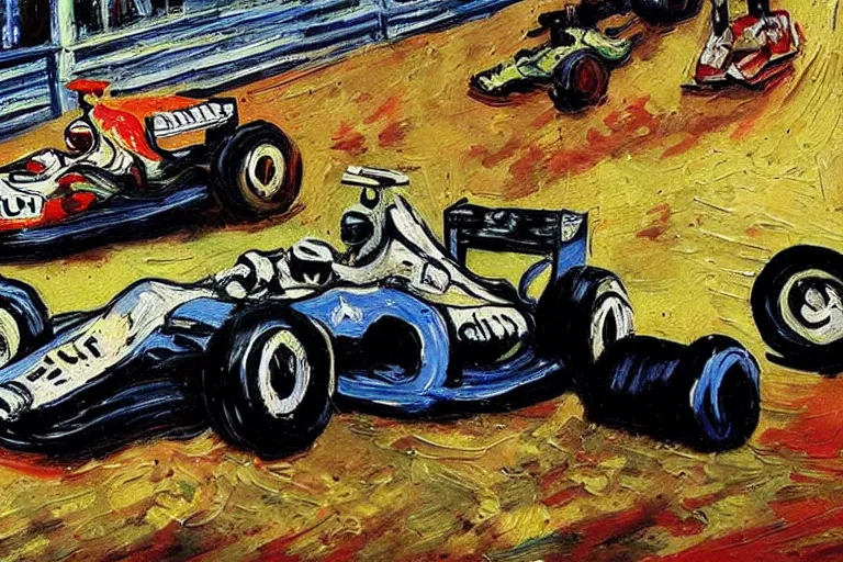 Image similar to formula 1 racing as painted by van gogh, detailed, wet brush, poster art