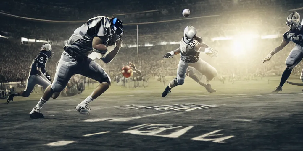 Prompt: ”player throwing the ball while being violently tackled, futuristic american football played on a metal floor in a closed arena with a chrome ball, [scifi, sports, retrofuturistic, ramps, painted lines on the floor, octane render, realistic, detailed, photography]”