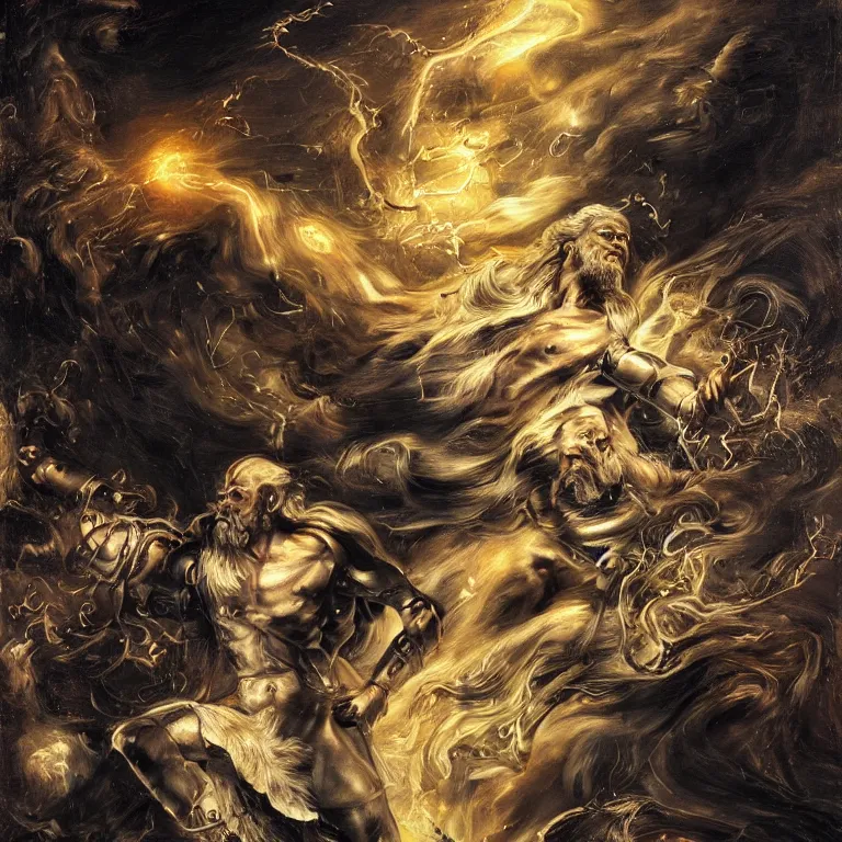 Image similar to mythological Odin all father god of thunder and artificial intelligence creating an artificial neural network with dark yellow synapses on an anvil, high resolution, award winning art, trending on art station, sharp image, incredibly detailed, odin all father detailed character realistic painting, painting by peter paul rubens