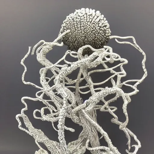 realistic detailed silver wire sculpture of a coral