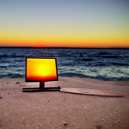 Image similar to professional photo of an empty white dish over a table with a sunset on the beach in the background