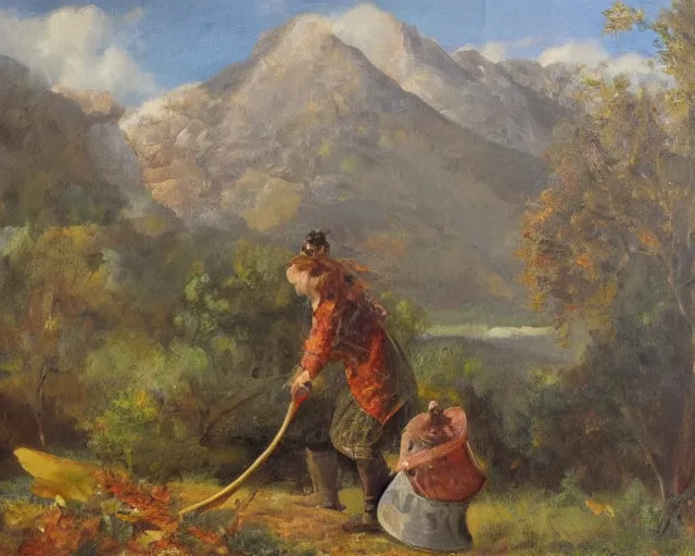 Image similar to landscape portrait of a girl chopping a hickory tree with an axe, autumn mountains, original oil on canvas painting by william sydney mount, trending on artstation