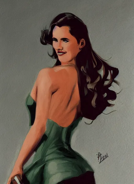 Image similar to detailed artwork by phil noto ; stylized painting of young jennifer connelly from the rocketeer ; brush texture ; asymmetric composition ; paint texture ; trending on artstation ; gallery painting by phil noto in the comic book style of phil noto