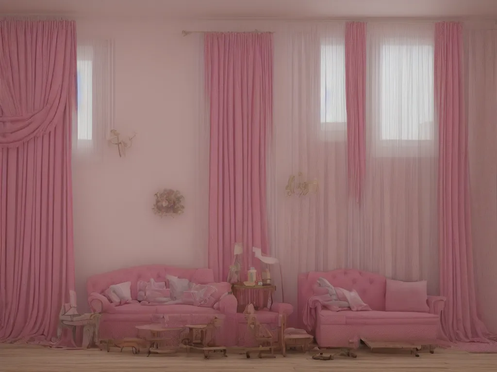 Image similar to 3D render of vintage interior house with very large pink curtains and toys on the floor and a rocking horse in the middle, High detail, Octane Render, faded colors, pastel colors