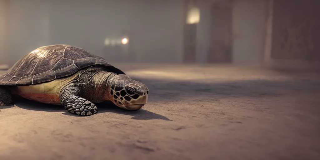 Prompt: a photo of 8k a cute turtle sleeping in a bed, cinematic lighting, trending on artstation, 4k, hyperrealistic, focused, extreme details, unreal engine 5, cinematic, masterpiece