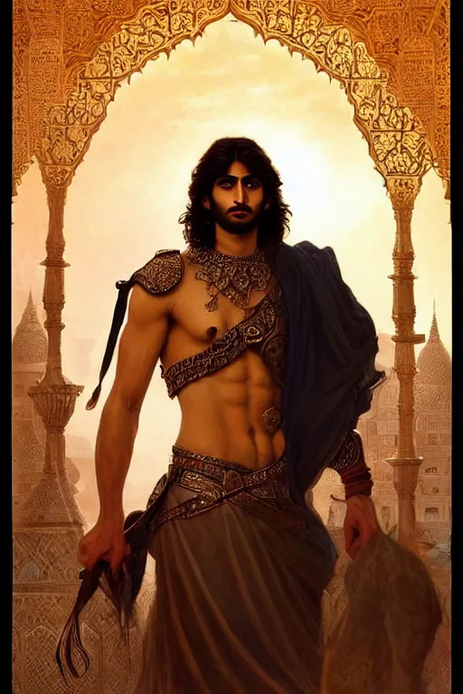 Prompt: Beautiful portrait of a Persian Prince who is a warrior, handsome prince of persia, face painting, attractive young man, persian style architecture, dramatic lighting, intricate, wild, highly detailed, digital painting, artstation, concept art, smooth, sharp focus, illustration, art by artgerm and greg rutkowski and alphonse mucha, footage from space camera