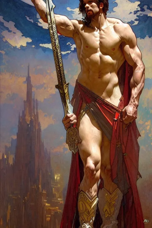 Image similar to A god holding a sword, muscular, fantasy, painting by greg rutkowski and alphonse mucha