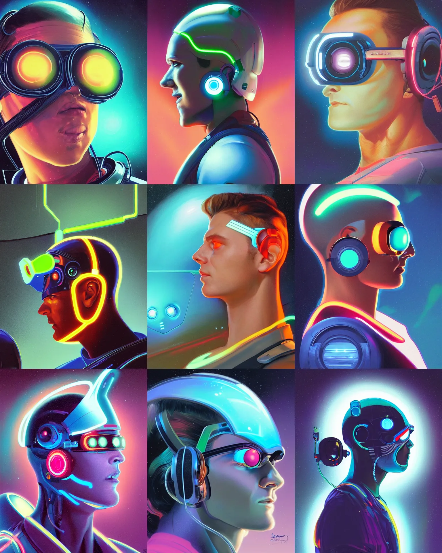 Prompt: side view future coder man, sleek cyclops display over eyes and glowing headset, neon accents, holographic colors, desaturated headshot portrait digital painting by dean cornwall, rhads, john berkey, tom whalen, alex grey, alphonse mucha, donoto giancola, astronaut cyberpunk electric lights profile