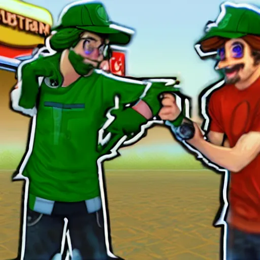 Image similar to vinesauce joel pointing at vinesauce vinny saying bogan burger, meme, realistic, hdr, clear image,